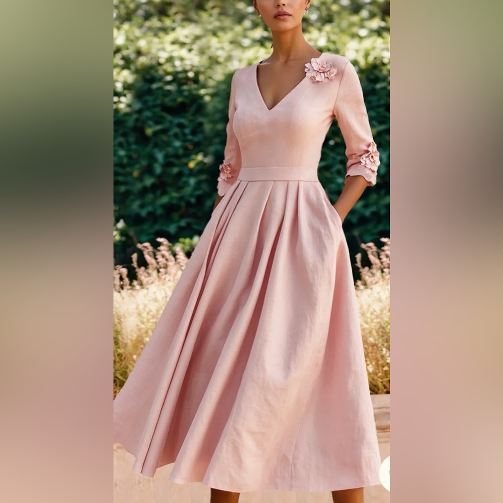 V-Neck Blush Pink Midi Fit-and-Flare Dress with Floral Accents #133